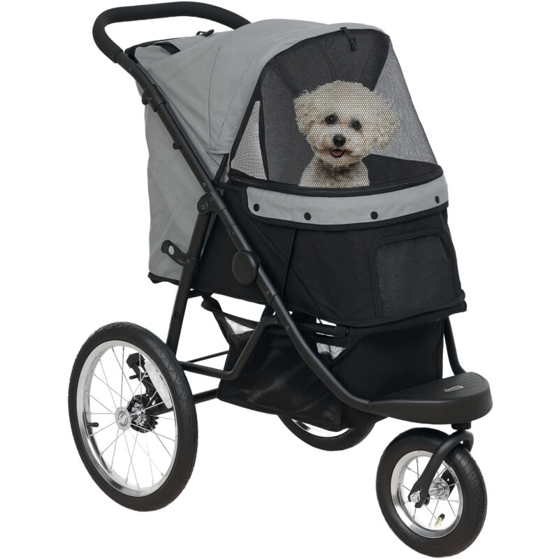 PawHut Hundewagen Jogger Hundebuggy klappbar für kleine Hunde & Katzen bis 10 kg Katzenbuggy mit 3 große Gummiräder, Kissen Netzfenstern