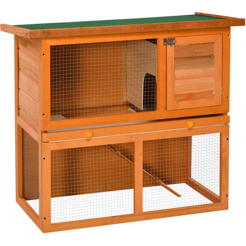 PawHut Hasenstall für Zwergkaninchen aus Tannenholz, doppelstöckige Kaninchenstall Zwergkaninchenstall, Kleintierstall mit Bodenwanne, Rampe, Orange,