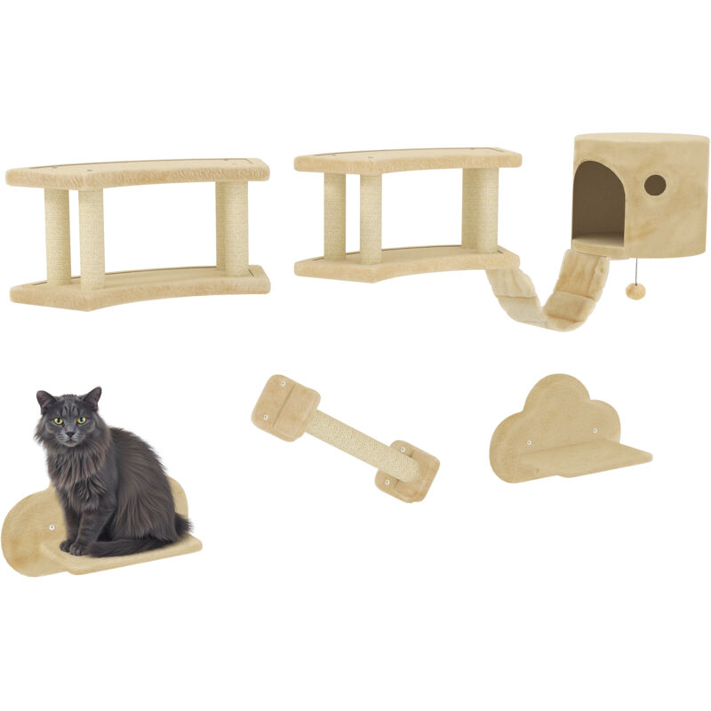 Pawhut - Katzen Kletterwand Set, 5-teilig Katzenmöbel mit Kratzstamm, Sprungplattformen, Leiter, Haus, Katzen-Wandgerüst, für Katzen bis 5 kg,