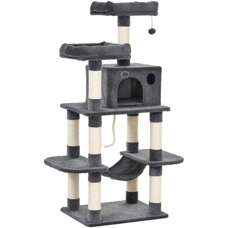 PawHut Katzenbaum Luxus mit Hängematte Katzenhaus Kletterbaum mit Hängematte und Katzenhaus Katzenspielturm Dunkelgrau 60 x 48 x 144 cm