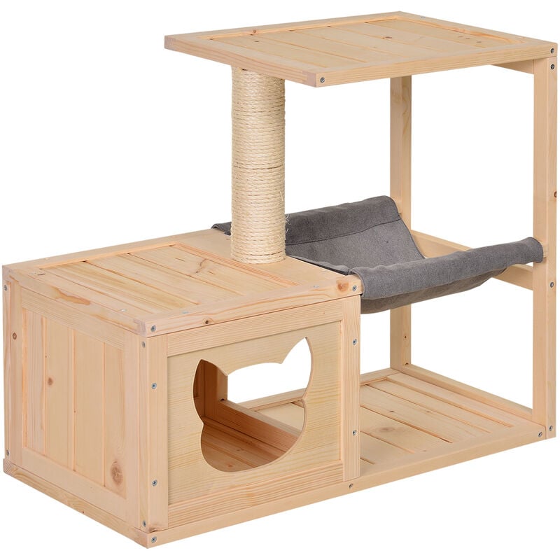 PawHut Katzenhaus mit Hängematte, Katzenkiste mit Sisalstamm, Katzenhöhle, Katzenbaum, Katzenaktivitätszentrum, Tannenholz, Natur, 70 x 35 x 60 cm