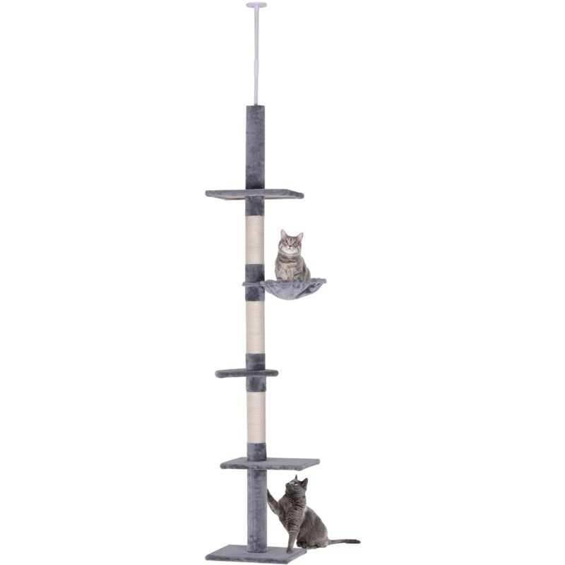 Kratzbaum Deckenhoch höhenverstellbar, stabiler Katzenbaum mit Sisalsäulen, Katzen Kletterbaum, Grau, 40 x 34 x 230-260 cm - Pawhut
