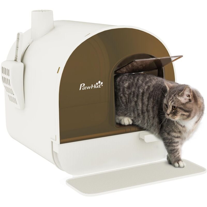 PawHut Katzentoilette Katzenklo mit Deckel Katzentoilette mit Schaufel Streu-Matte, Ausziehbares Tablett XXL Cat Litter Box für große Katzen 43 x 44