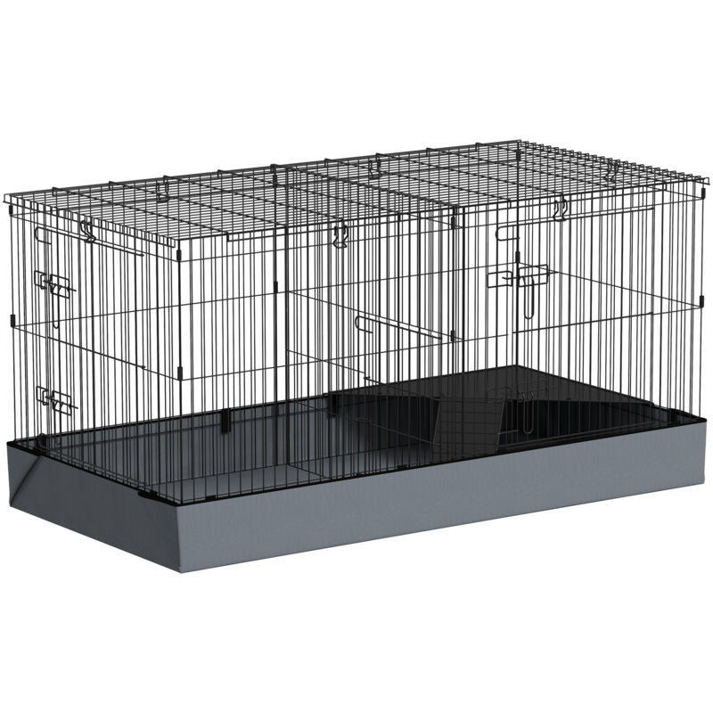Pawhut - Kleintierkäfig, Kleintierstall mit Rampe, Trennwand, Nagerkäfig mit abnehmbarem Verdeck, Stoffboden, Kaninchenkäfig für Kleintiere Stahl