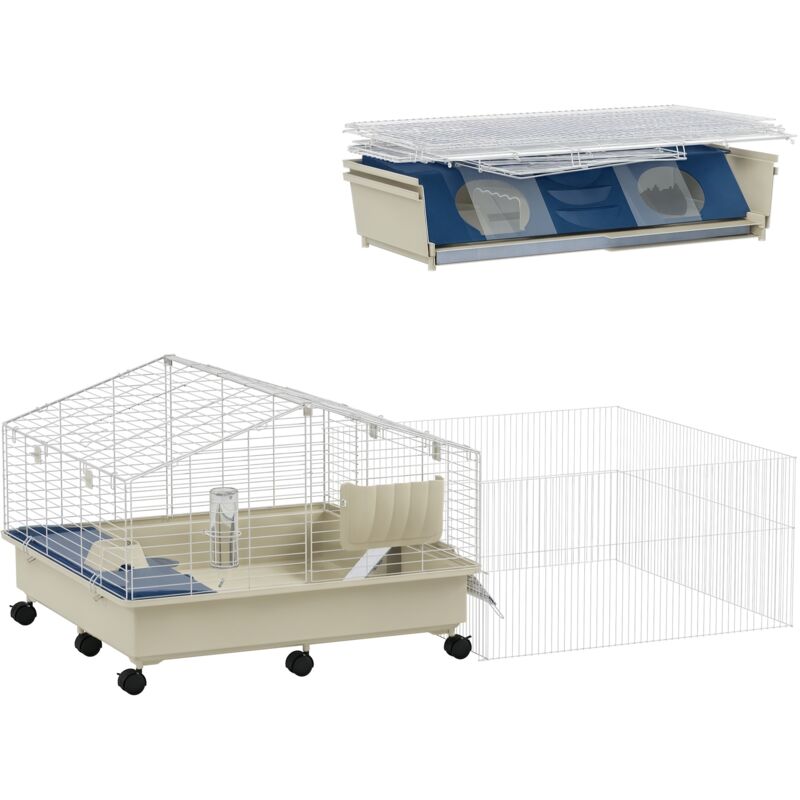 Pawhut - Kleintierkäfig mit Laufstall, Kaninchenkäfig, Kleintierstall mit Wasserflasche, Heufütterung, Futterschale, Rampe Nagerkäfig mit Rollen für