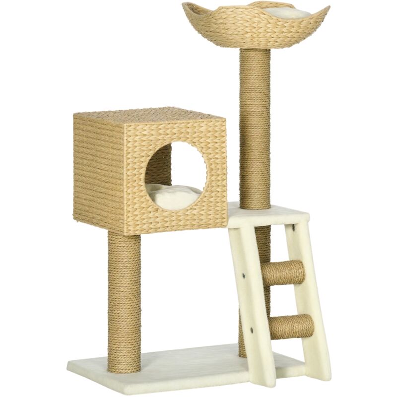 Pawhut - Kratzbaum 100,5 cm Katzenbaum mit Katzenhöhle, Bett, Treppe, Katzenkratzbaum mit Sisal-Kratzsäulen, Kissen, für Katzen bis 4,5 kg, Natur