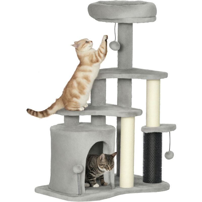 PawHut Kratzbaum 87 cm Katzenbaum mit Katzenhöhle, Bett, Spielbälle, Katzenkratzbaum mit Sisal-Kratzsäulen, für Katzen bis 5 kg, Hellgrau