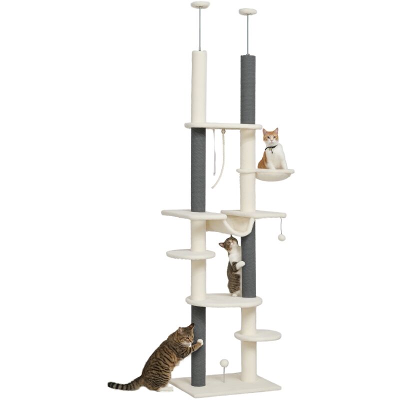 Kratzbaum Deckenhoch, Katzenbaum, 225-255 cm Katzenkratzbaum mit Hängematten, Kratzstämmen, Korb, Spielball, Katzenmöbel mit Kippschutz, Weiß - Pawhut