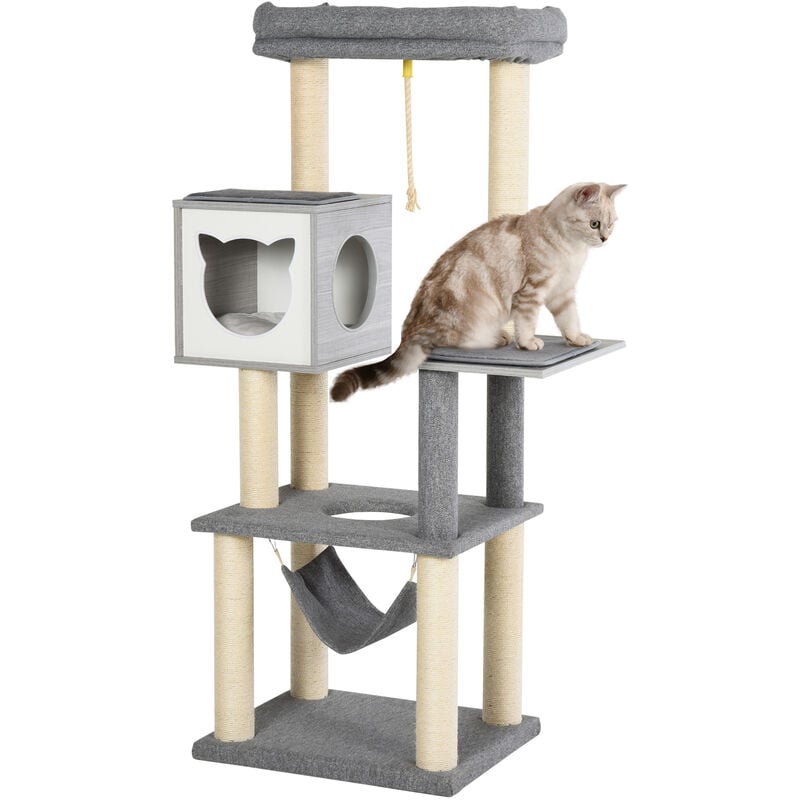 PawHut Kratzbaum groß 155 cm Katzenbaum mit Hängematte Kletterbaum für Katzen Mehrstufiges Katzenkratzbaum mit Katzenkiste, Weichkissen Katzenmöbel