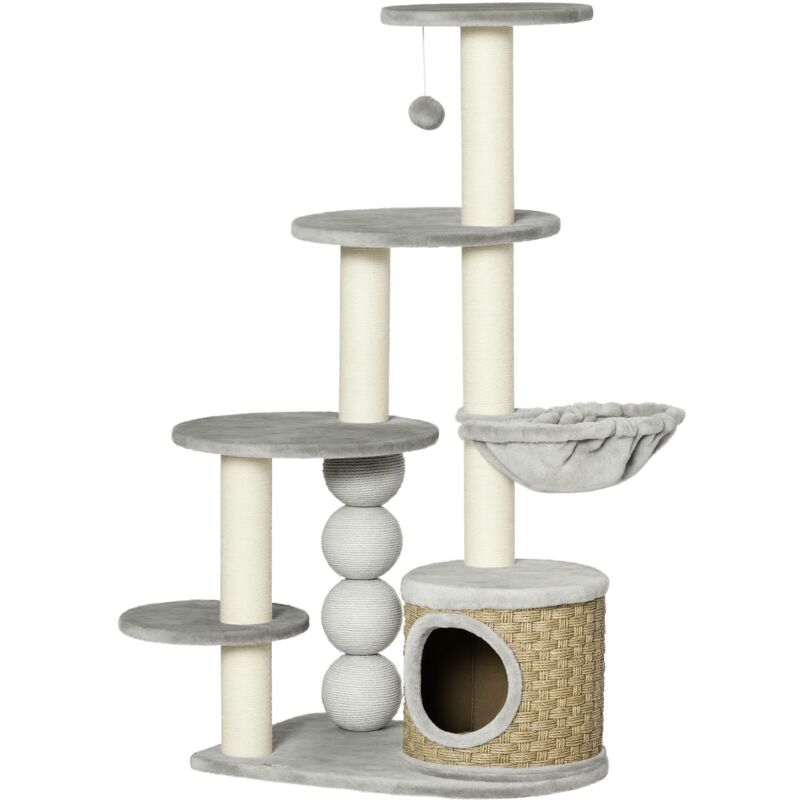 Pawhut - Kratzbaum, Höhe 115,5 cm, Katzenbaum mit Katzenhöhle, Kletterbaum mit Hängematte, Spielball und Jutepfosten, Katzenhaus, Katzenmöbel,