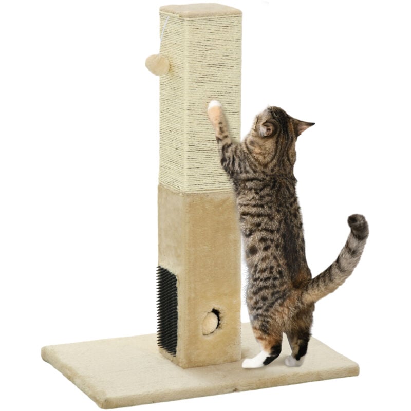 PawHut Kratzbaum 79 cm Hoch Kratzsäule Kratzstamm mit Fellbürsten 2 Spielball, Sisalseil, Katzenkratzbaum Katzenbaum für mittelgroße Katzen, Beige