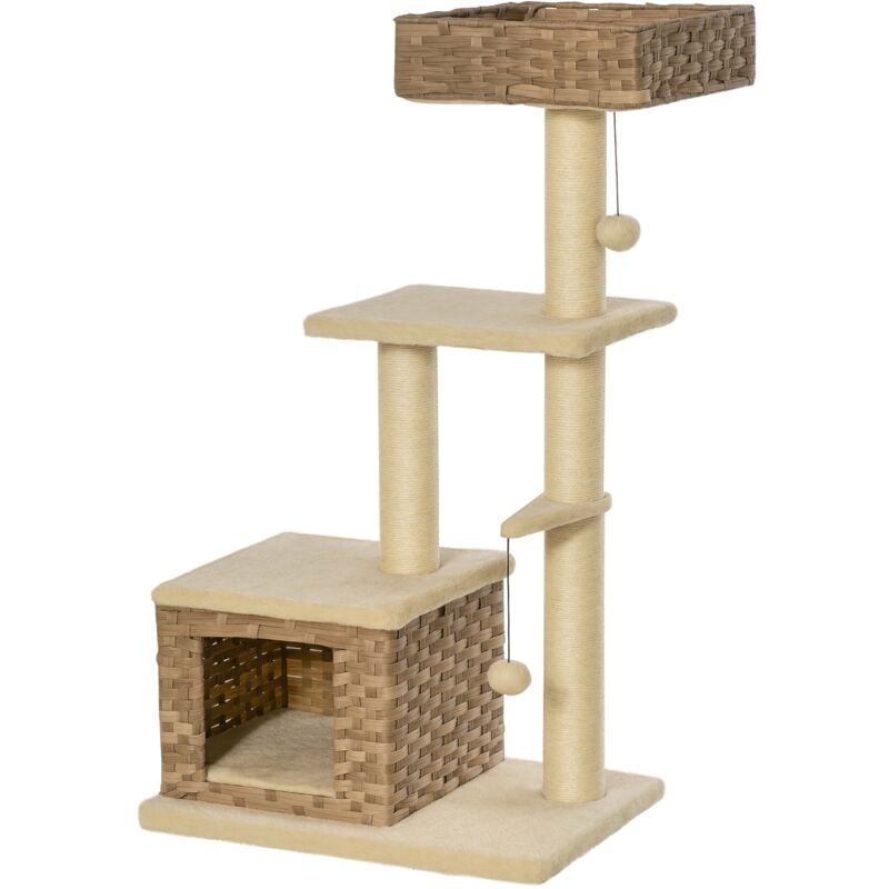 Pawhut - Rattan Katzenbaum Kratzbaum Kätzchen Möbel mit Katzenhöhle Ballspielzeug Sisal weiche Plüsch pe Höhe 108 cm Braun+Beige