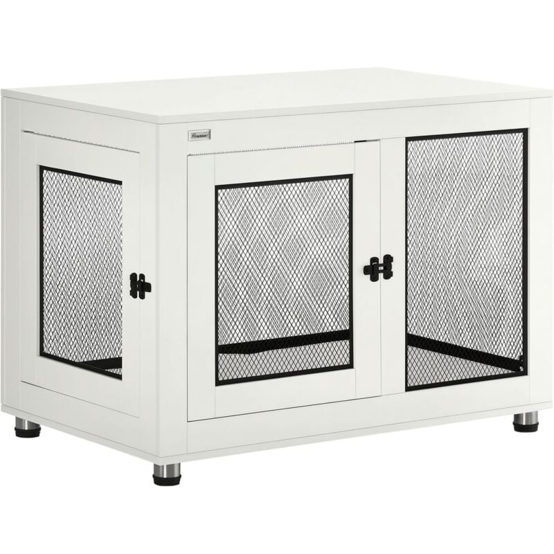 Hundekäfig für Zuhause, Hundebox mit 2 Türen, Waschbaren Kissen, Hundehütte mit Verstellbare Füße, Riegel, für große Hunde bis 30 kg, Weiß, 94 x 60 x