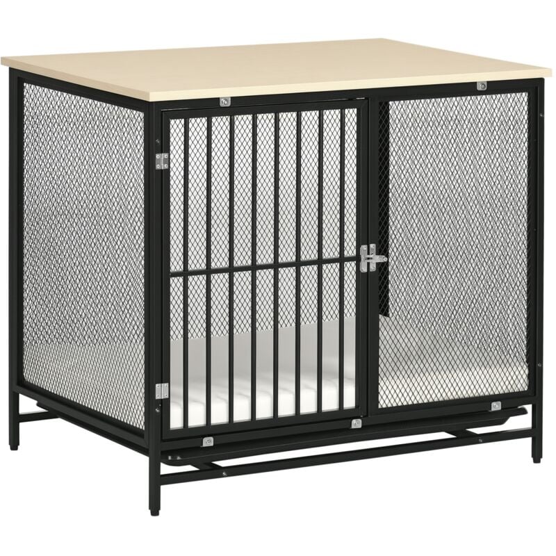 Hundekäfig für Zuhause, Abschließbar Hundehütte mit Kissen, Hundebox mit Paletten, Hundehaus für mittelgroße Hunde unter 20 kg, Eiche, 88 x 55 x 71