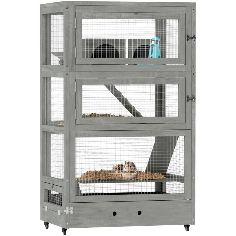 Hamsterkäfig aus Holz, 65 x 45 x 109 cm Mäusekäfig Nagerkäfig mit Hütten, Wippe, Palette, Futterschalen, 4-Stufig Kleintierkäfig mit Schloss, Rampen,