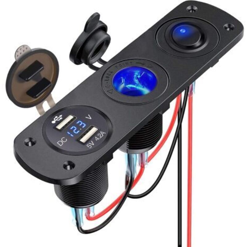 Ahlsen Dual-Panel-USB-Kfz-Ladegerät mit 12-V-Zigarettenanzünderstecker-Splitter, LED-Voltmeter und separatem Schalter