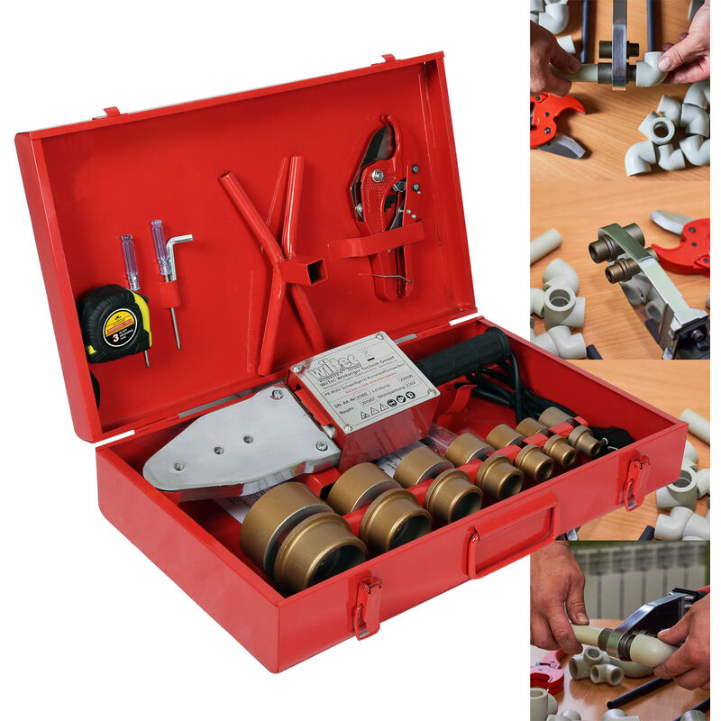 PE-Rohr Schweißgerät 2000 w bis 300°C, Muffenschweißgerät inkl. 7 Heizdorne 16-63 mm, Schweissgerät für Rohre, Muffen und Formstücke - Wiltec