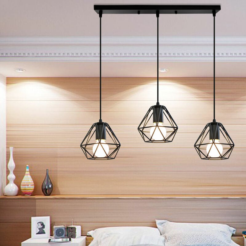Pendelleuchte, Ø16cm Mini Diamant Hängelampe, Vintage Kronleuchter mit Käfig für Wohnzimmer Schlafzimmer Esszimmer Schwarz - 3 Flammig mit Langer