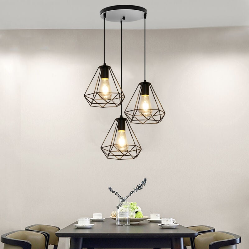 Pendelleuchte, Ø20cm Diamant Form Hängelampe, Kronleuchter mit Metall Käfig für Wohnzimmer Schlafzimmer Esszimmer Küche Schwarz - 3 Flammig mit