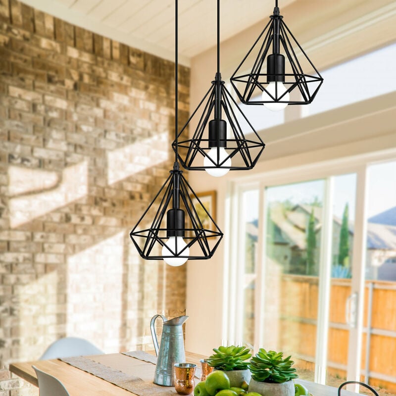 Pendelleuchte 3 Flammig Industri Hängelampe mit Käfig Metall E27 Edison Diamant Lampe für Loft Esszimmer Schlafzimmer Höhenverstellbar (Schwarz)