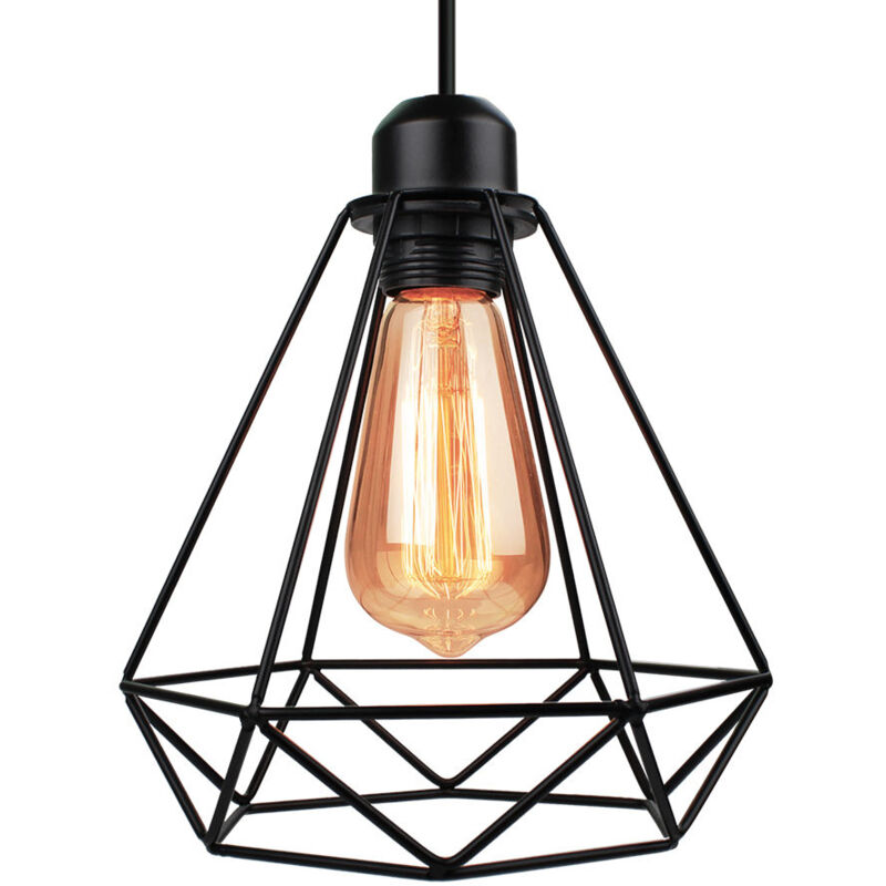 Pendelleuchte, Hängelampe im Industri Stil, Kronleuchter mit Ø20cm Diamant Käfig für Wohnzimmer Schlafzimmer Esszimmer Schwarz - 1 Flammig