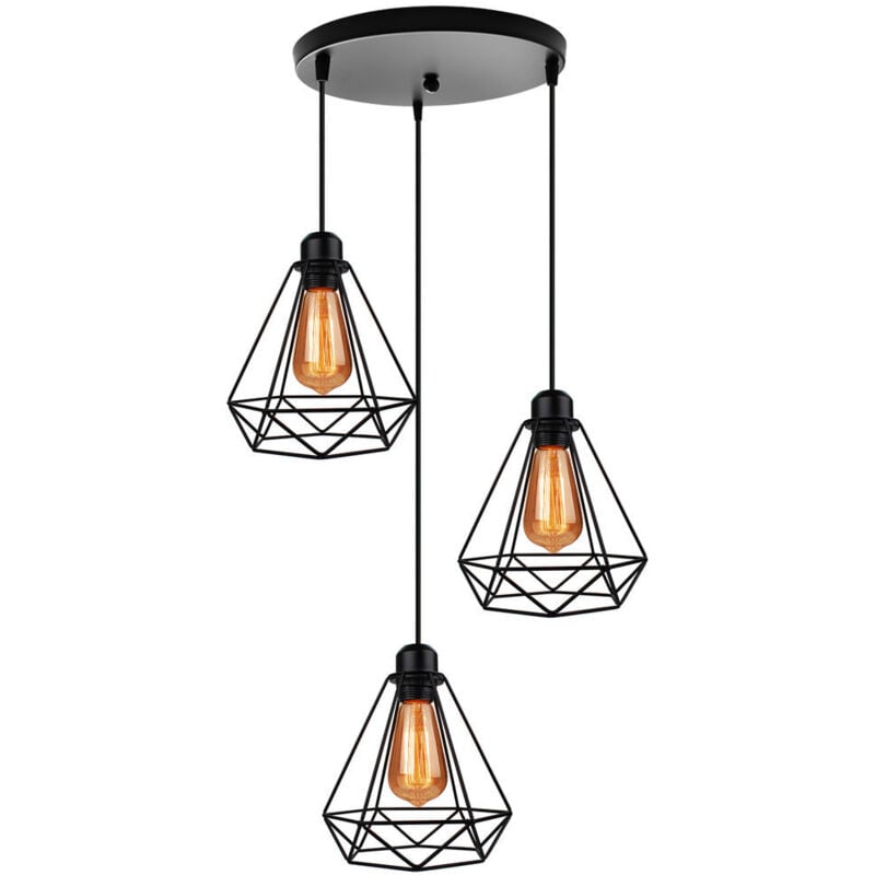 Pendelleuchte, Hängelampe im Industri Stil, Kronleuchter mit Ø20cm Diamant Käfig für Wohnzimmer Schlafzimmer Esszimmer Schwarz - 2 Flammig