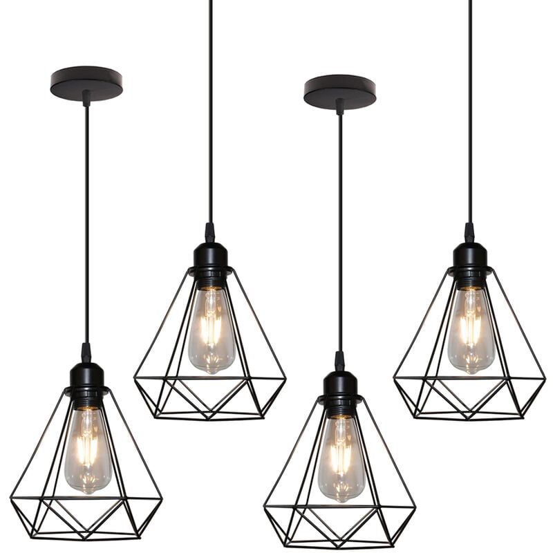 Pendelleuchte Vintage Industriell Hängelampe Retro Kronleuchter mit Ø20cm Diamant Käfig E27 Fassung für Wohnzimmer Schlafzimmer Esszimmer Schwarz 4PCS