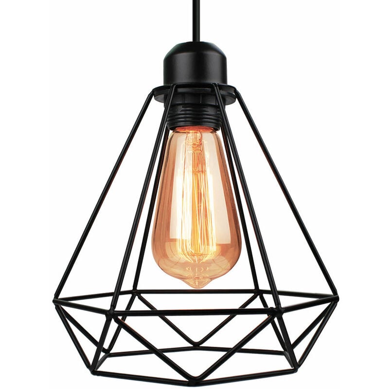 Pendelleuchte Vintage Industriell Hängelampe Retro Kronleuchter mit Ø20cm Diamant Käfig E27 Fassung für Wohnzimmer Schlafzimmer Esszimmer Schwarz 1PCS