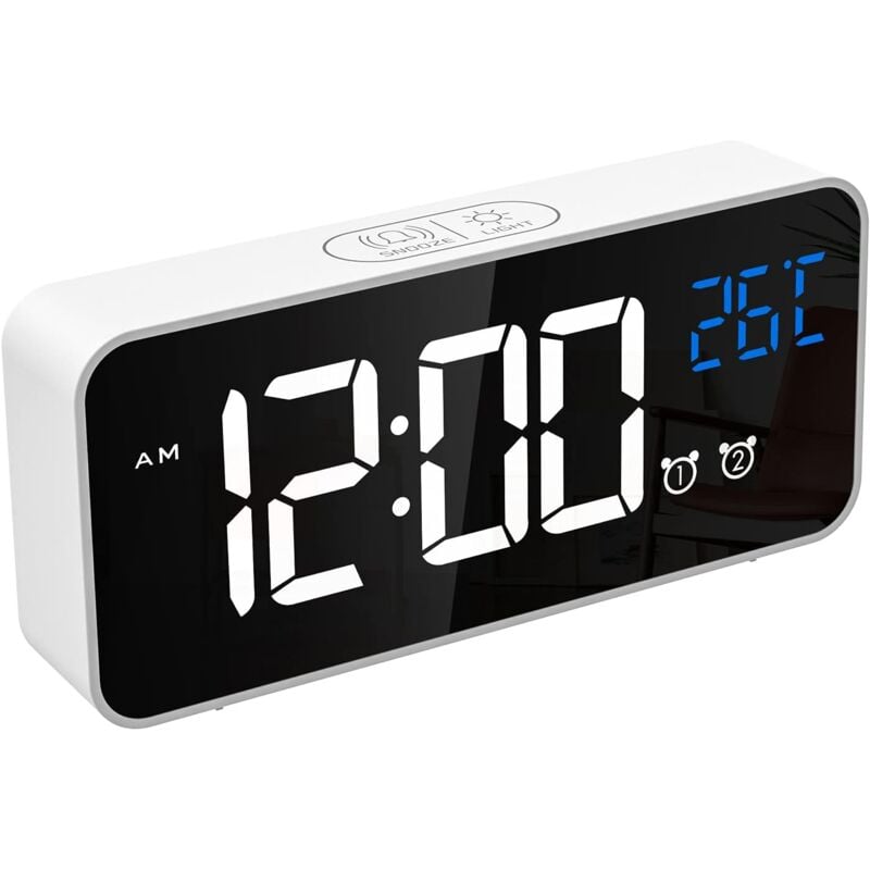 Digitaler Wecker, LED-Digitaluhr, digitaler Wecker mit Temperatur/Schlummerfunktion/2 Alarm/12/24 Stunden/USB-Ladeanschluss/16 Musik (reines Weiß)
