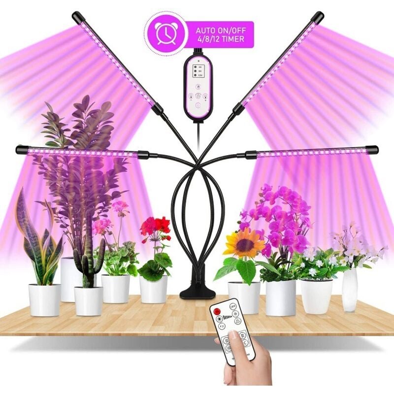 Pflanzenlampe, Pflanzenlicht mit Zeitschaltuhr 4/8/12 Std, 4 Köpfe Grow Light 3 Lichter Modi und 10 Arten von Helligkeit, Pflanzenlampe led
