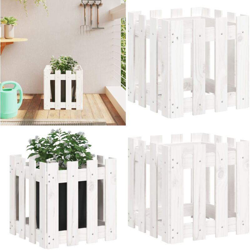 Pflanzkübel Lattenzaun-Design Weiß 40x40x40cm Massivholz Kiefer - Holzpflanze - Blumenerde - Kübeln - Gartendekoration - Balkonpflanzen - Home &
