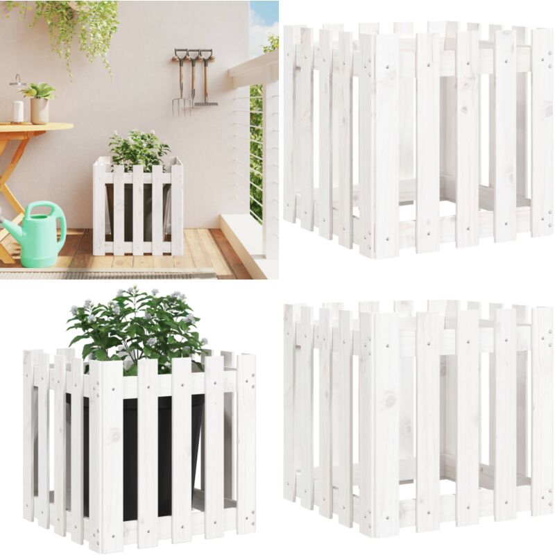 Pflanzkübel Lattenzaun-Design Weiß 50x50x50cm Massivholz Kiefer - Holzpflanze - Blumenerde - Kübeln - Gartendekoration - Balkonpflanzen - Home &