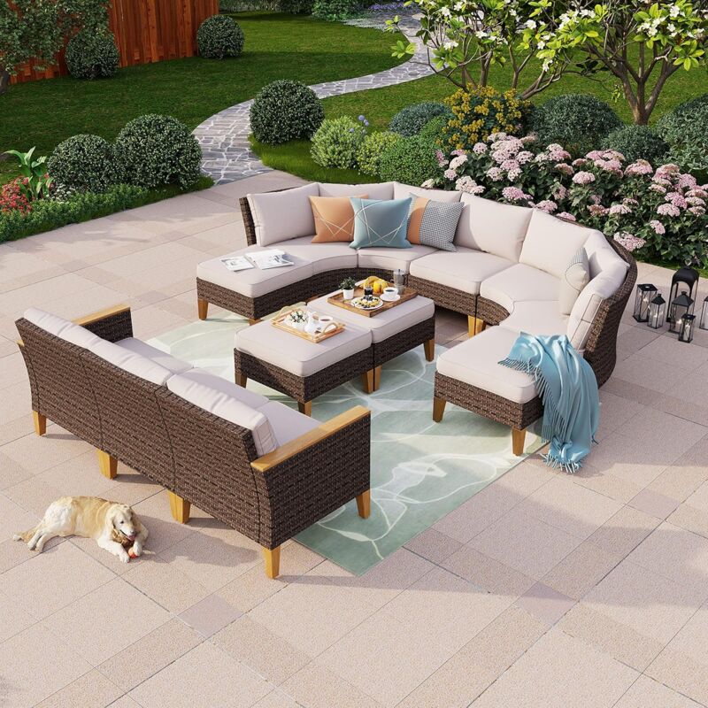 Polyrattan Gartenlounge Möbel Set für 10-12 Personen Gartensofa Balkonmöbel Sitzgruppe mit Sofa Sessel Hocker Tisch Ottomane mit Sitzkissen