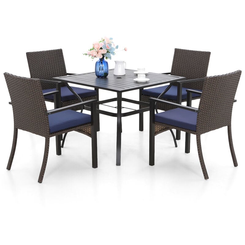 Rattan Balkonmöbel Set, Gartenmöbel Set 4 Stühle mit Tisch, Quadratische Stahl Lamellen Tisch mit 4cm Schirmloch und 4 Polyrattan Sessel für