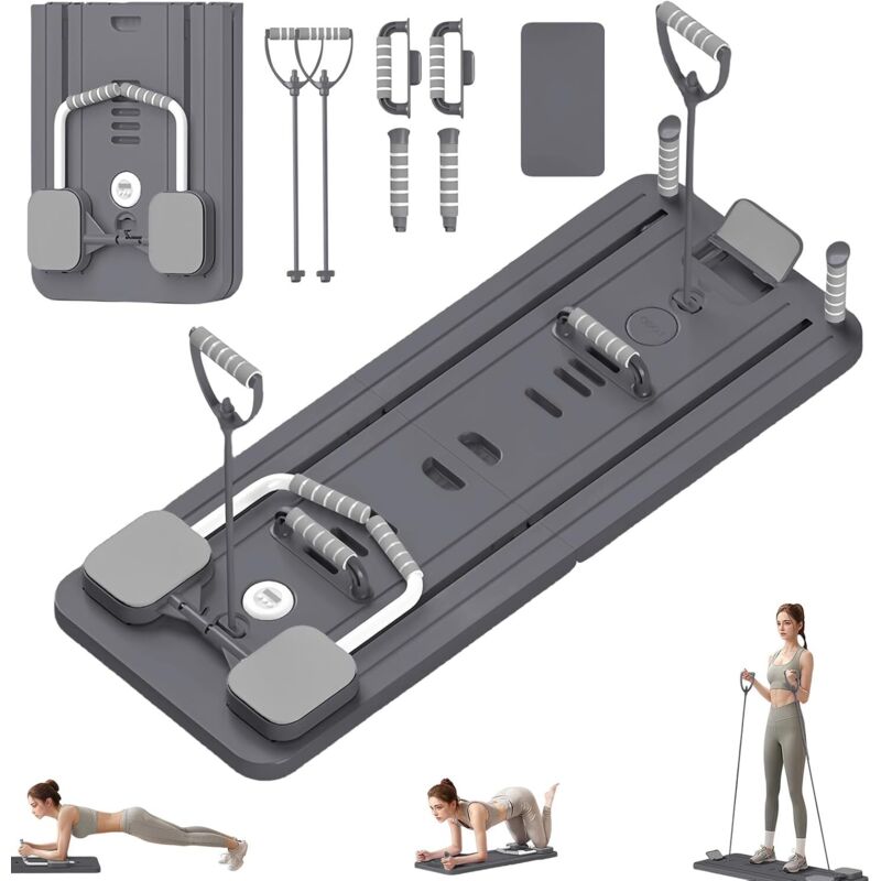 Pilates Reformer, Faltbares Pilates Board, Multifunktionales Pilates Board mit automatischer Rückfederung, Bauchrolle, Liegestützen und Spannseil,