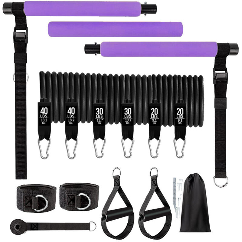 Pilates Stange mit 6 Widerstandsbändern - Fitness Barren für Zuhause, Home Gym, Yoga, Stretching, Krafttraining - Inkl. Gummibänder aus Latex