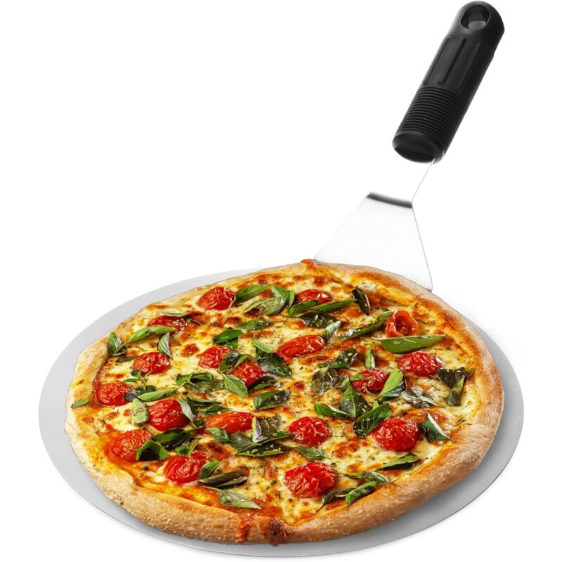 Pizzaschieber aus Edelstahl – Pizzaheber – runder Schieber für Pizza – Pizzaspatel – Pizza (Silber/Schwarz – rund)
