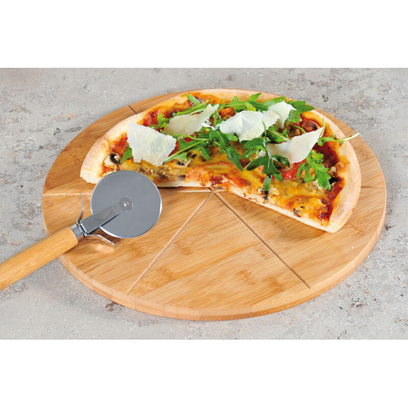 Pizza-Teller mit Pizza-Schneider 32 cm Bambus