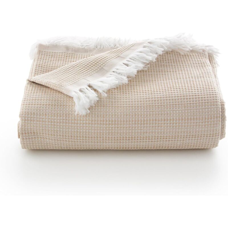 Multifunktionale Tagesdecke für Bett und Sofa. Weiche und atmungsaktive Tagesdecke aus Wabenbaumwolle, 130 x 180 cm, beige.