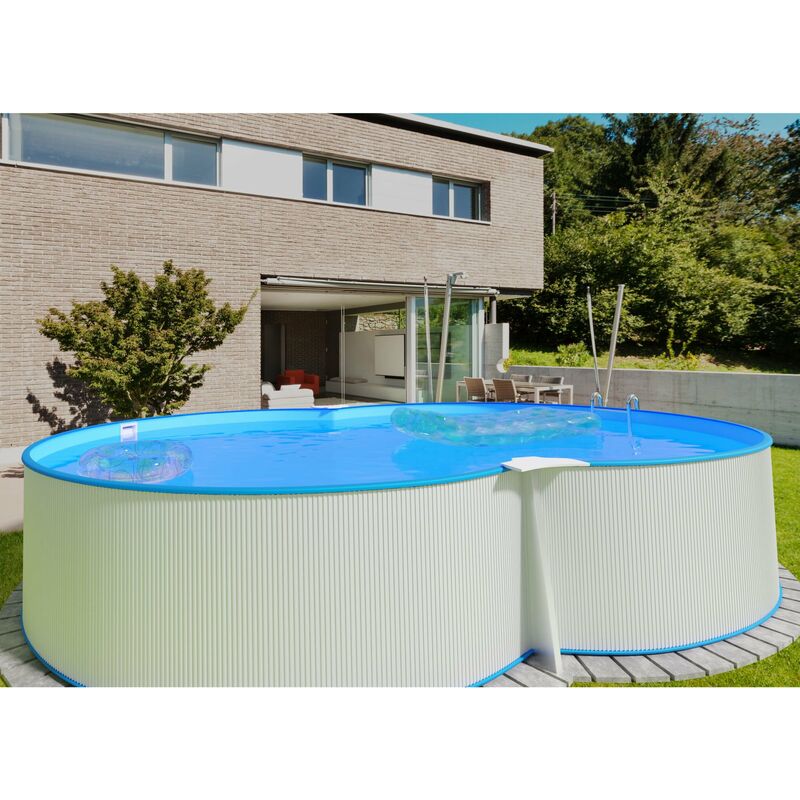 Stahlwandpool achtform 470x300x120 cm, Stahl 0,4 mm weiß, Folie 0,4 mm blau, Einhängebiese