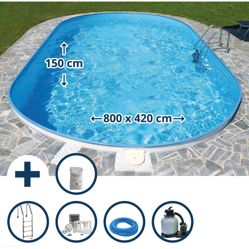 Stahlwandpool Set oval Flamingo 800x420x150 cm, Stahl 0,8 mm weiß, Folie 0,6 mm blau, Einhängebiese
