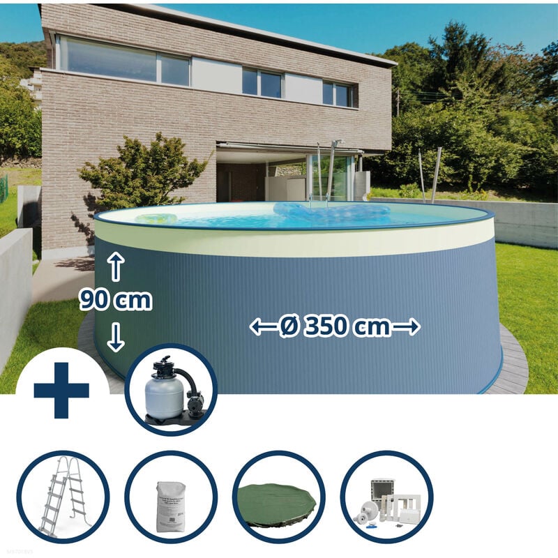 Planet Pool - Stahlwandpool Set (6-teilig) rund 350x90 cm, Stahl 0,3 mm anthrazit, Folie 0,2 mm sand, overlap