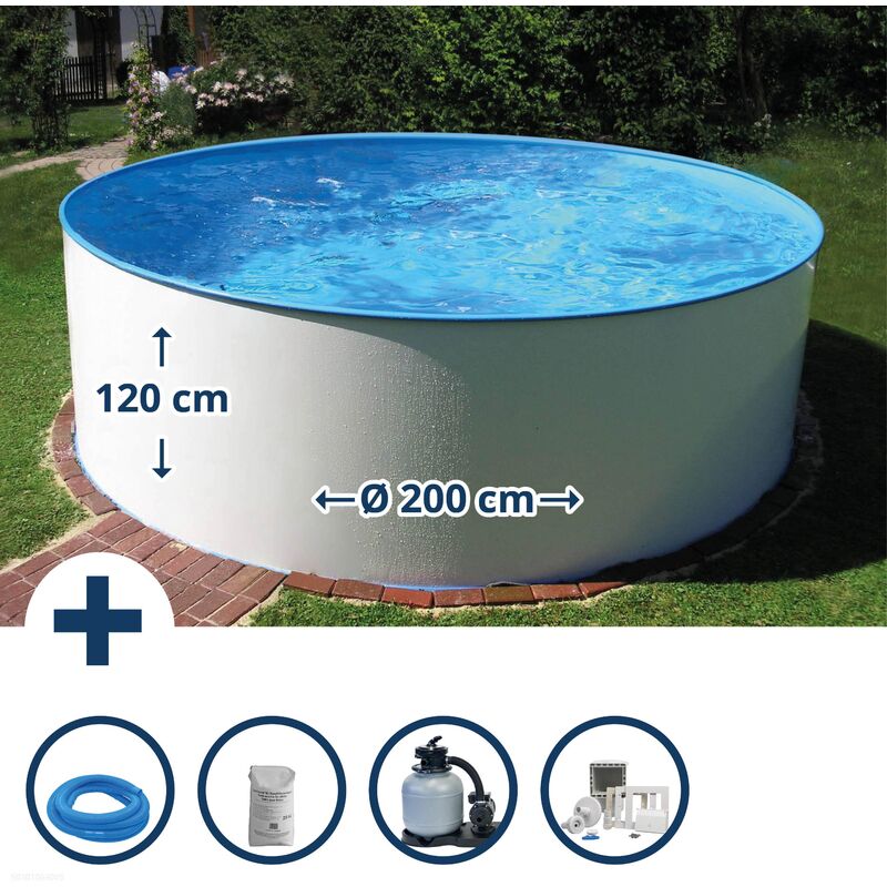 Stahlwandpool Set rund Bologna 200x120 cm, Stahl 0,6 mm weiß, Folie 0,6 mm blau, Einhängebiese