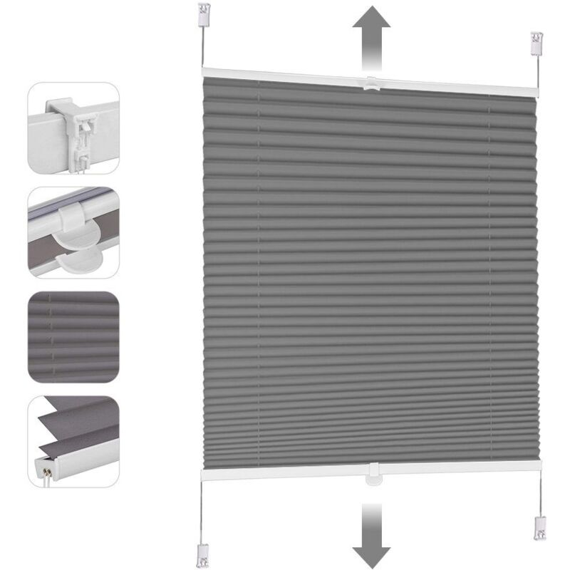 Plissee ohne Bohren Verdunkelung, Fenster Plissee Klemmfix Jalousie, Verspannt Blickdicht Sonnenschutz Fensterollo, Dunkelgrau, 90 x 120 cm - Sekey