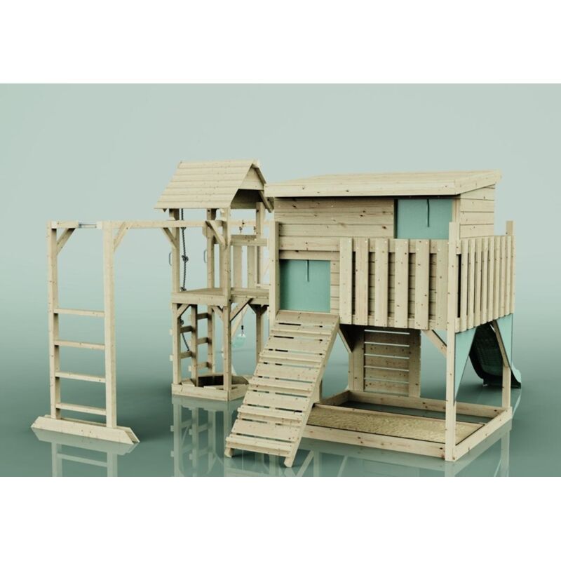 Spielturm Johanna aus Holz in GrünTrapezschaukel - Polarplay