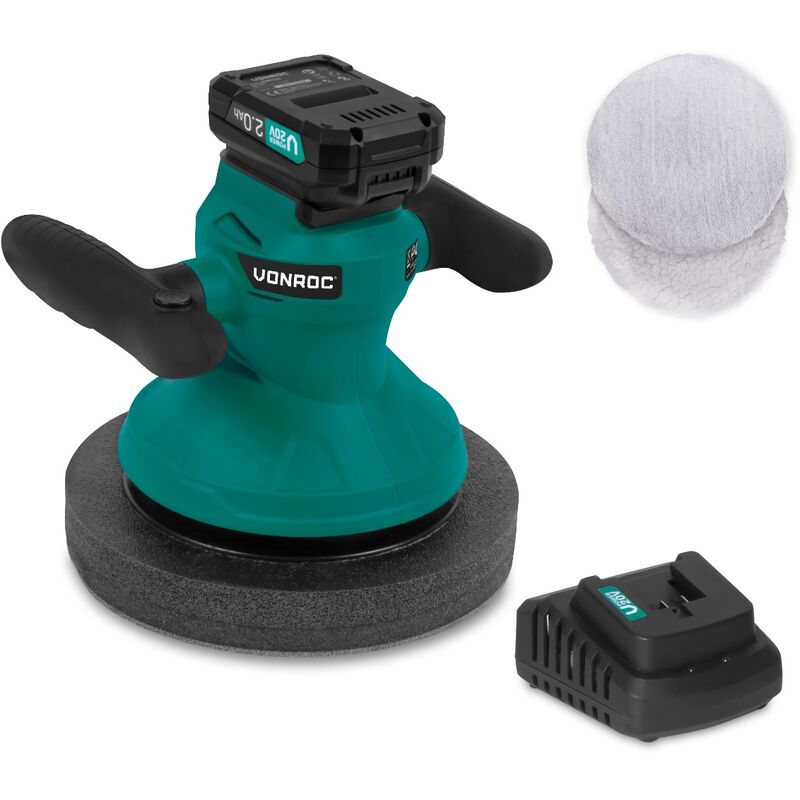 Vonroc - Poliermaschine 20V - Ø240mm - Inkl. 2 Polierhauben - Inkl. 2.0Ah Akku und Schnellladegerät