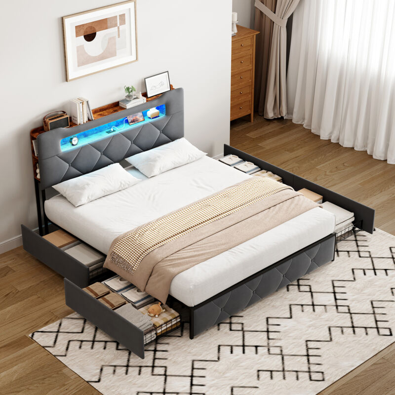 Polsterbett 140x200 mit Stauraum, Doppelbett mit LED-Beleuchtung und USB, Polsterbett mit 4 Schubladen und Stauraum-Kopfteil, Stauraumbetten