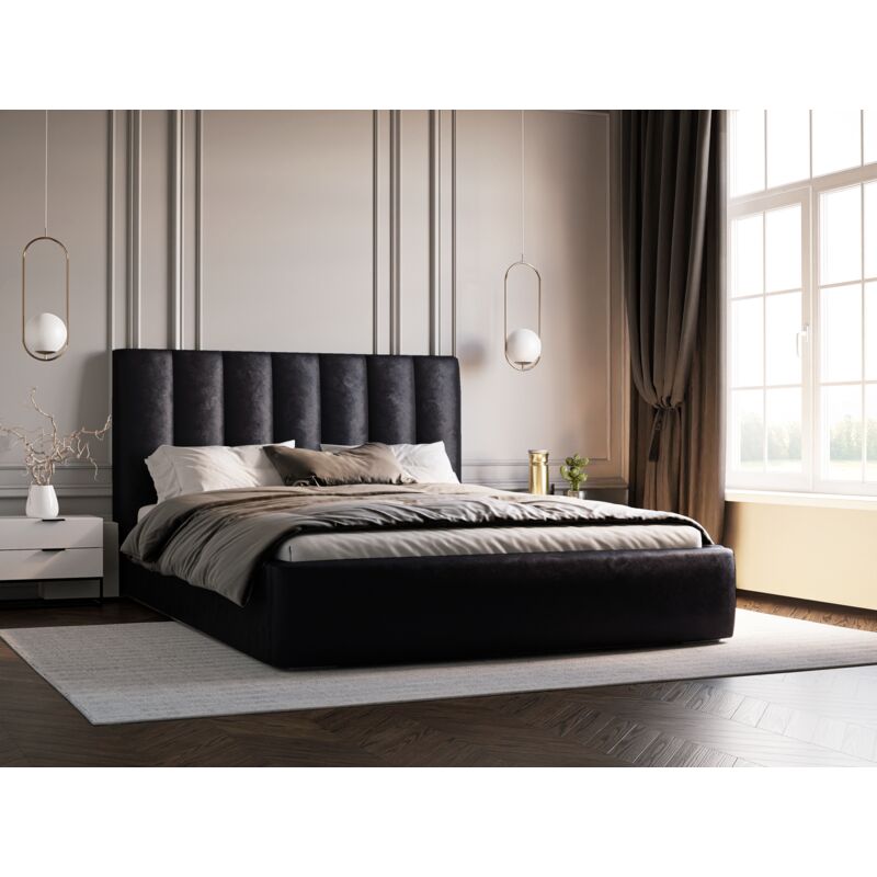 Velor Polsterbett mit Bettkasten, Doppelbett 180x200, Samtstoff - Polsterbett Schwarz (Ikoo 22)