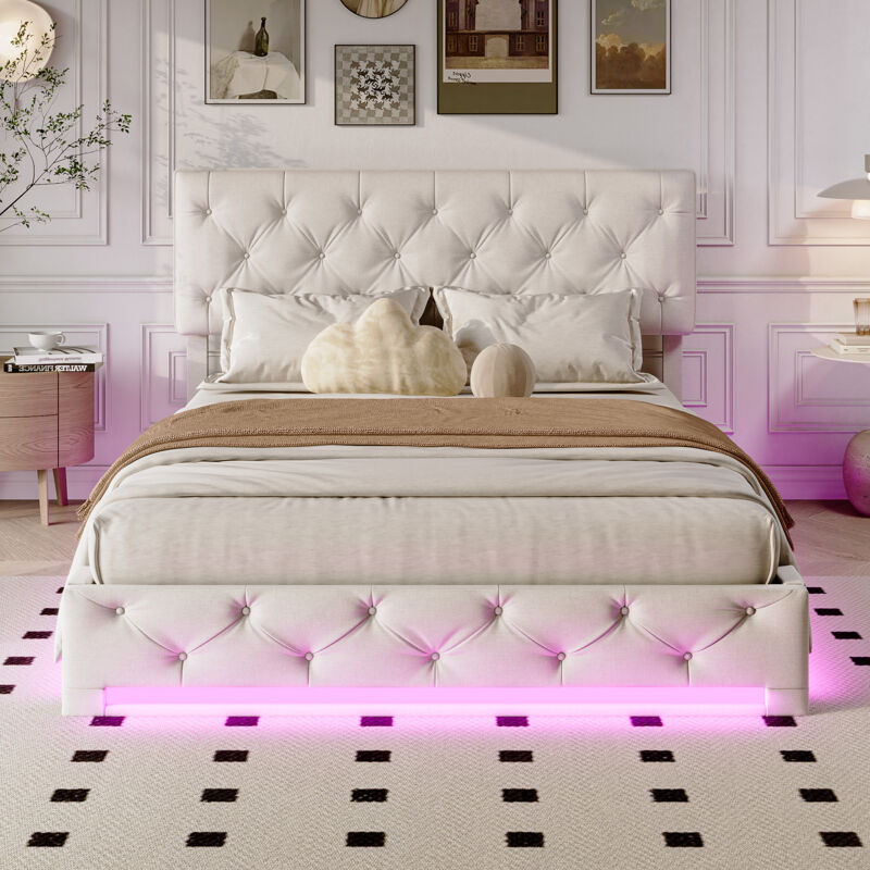 Polsterbett 140 x 200 cm, Doppelbett mit led, Hydraulisches Stauraumbett, Höhenverstellbares Kopfteil, Bett im europäischen Stil, Leinen, Beige