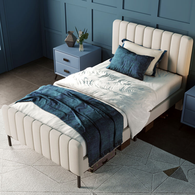 Polsterbett 90x200cm Jugendbett mit Lattenrost und Verstellbares Kopfteil, Kinderbett mit vertikalen Streifen&Lattenrost,Grau-Beige(Ohne Matratze)
